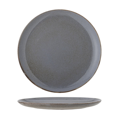 Sandrine Stoneware Dinner Plate in grey, round with a raised rim and speckled reactive glaze, shown front-facing and side-on against a white background.