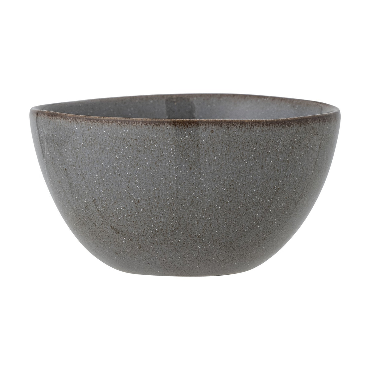 Sandrine Stoneware Bowl 15cm in grey, deep rounded shape with a softly uneven rim and finely speckled reactive glaze, shown on a plain white background.