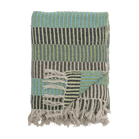 Isnel Green Striped Throw folded square, showing multicoloured blue, green and black ribbed stripes with knotted fringe, on a plain white background.