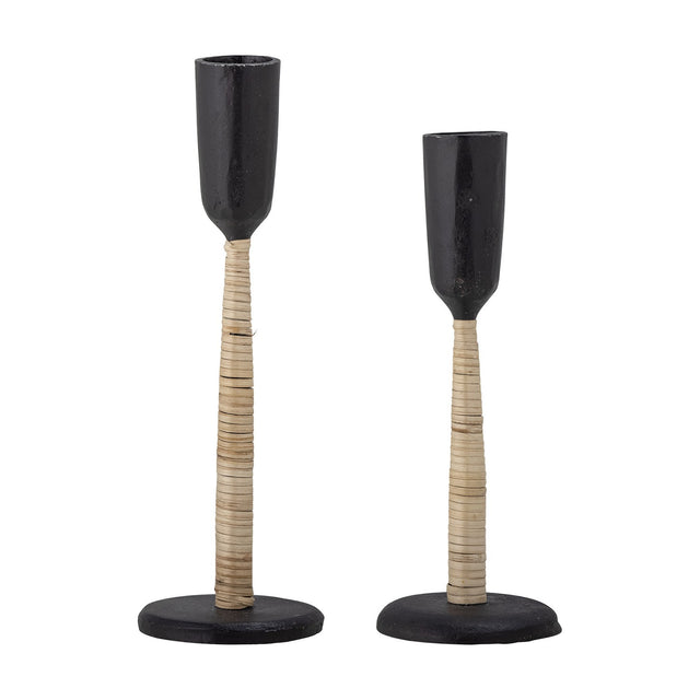 Kesha Iron Candle Holders Set of 2 in black, two heights with narrow cups, rattan-wrapped slim stems, and round flat bases on a white background.