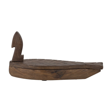 Hamida fish-shaped wooden storage box with lid in brown, carved chevron scale pattern and notched tail, upright fin detail, shown on a plain white background.