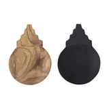 Tiara Wooden Bowls set of 2, round shallow acacia dishes with stepped tab handles, one in natural wood grain and one matte black, shown on a white background.