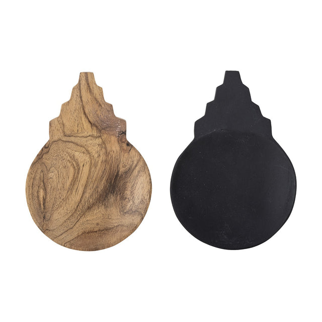Tiara Wooden Bowls set of 2, round shallow acacia dishes with stepped tab handles, one in natural wood grain and one matte black, shown on a white background.