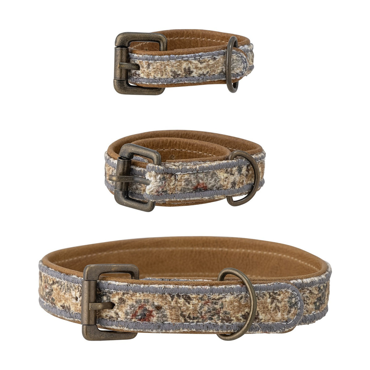 Imola Cotton Dog Collars Set of 3 in brown, graduated sizes with woven floral-print fabric, leather backing, metal buckle and D-ring, shown on a white background.
