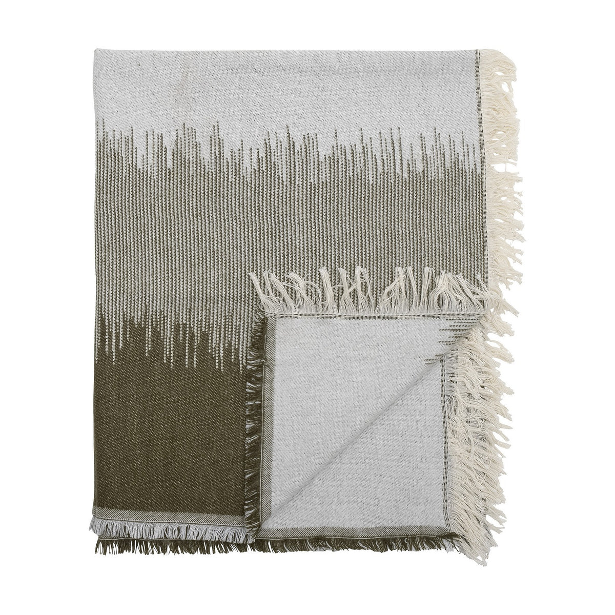 Lucienne Throw in Green, a folded woven acrylic-blend throw with a grass-like fade from deep green to light grey and knotted cream fringing, shown on a white background.