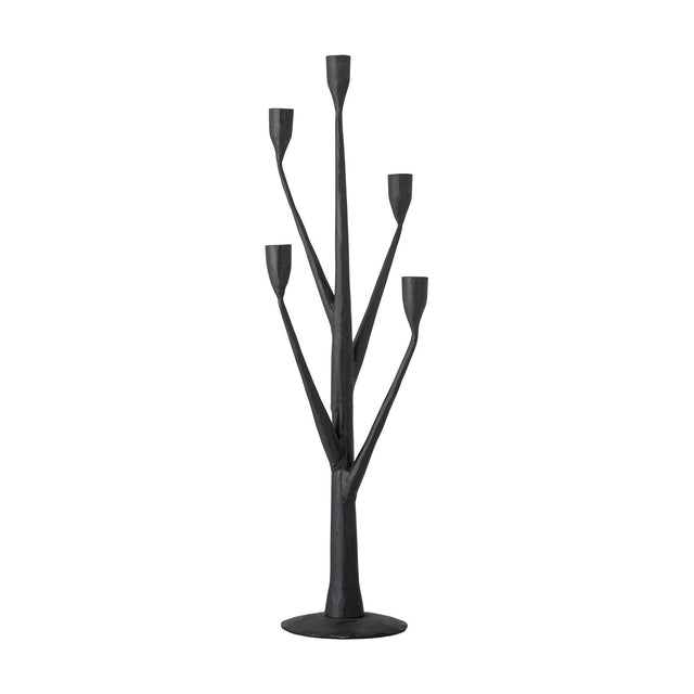 Abriz Iron Candle Holder in black, a tree-shaped design with a round base and branching iron stems ending in five narrow candle cups, shown on a plain white background.