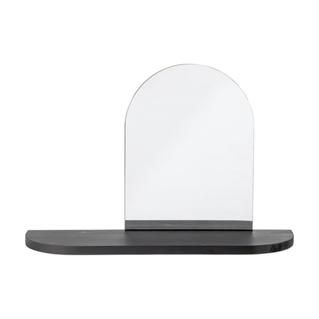 Annlie Wall Mirror with Shelf, 72x48cm, featuring an arched glass mirror set into a black MDF shelf with rounded ends, shown on a plain white background.