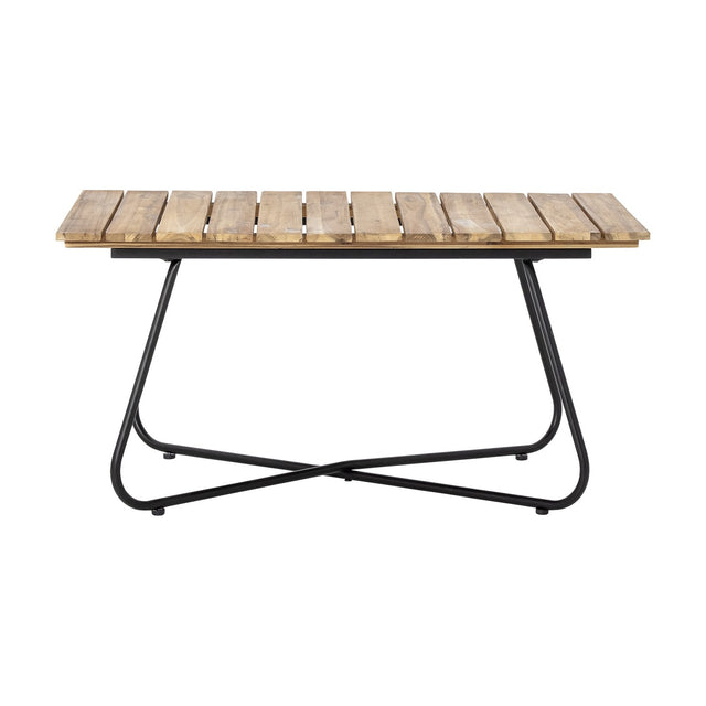 Hampton Wooden Garden Table in brown, featuring a slatted acacia wood top on a black powder-coated iron X-frame base, shown on a plain white background.