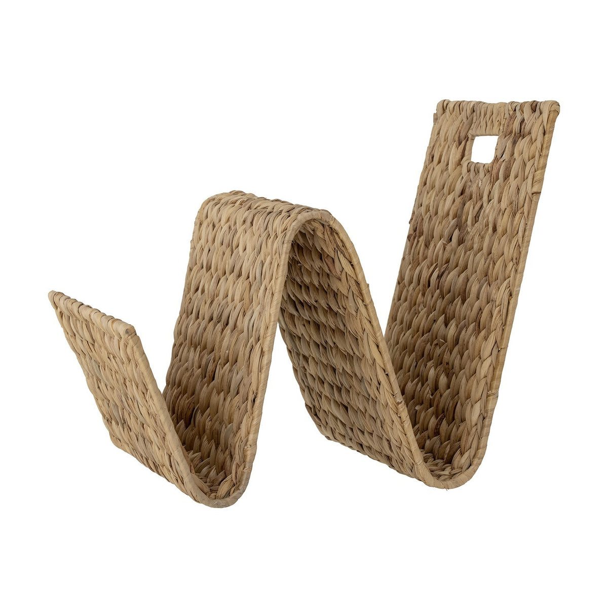 Dex Water Hyacinth Magazine Rack in natural woven fibre, a single zigzag-folded band forming two open slots, shown against a plain white background.