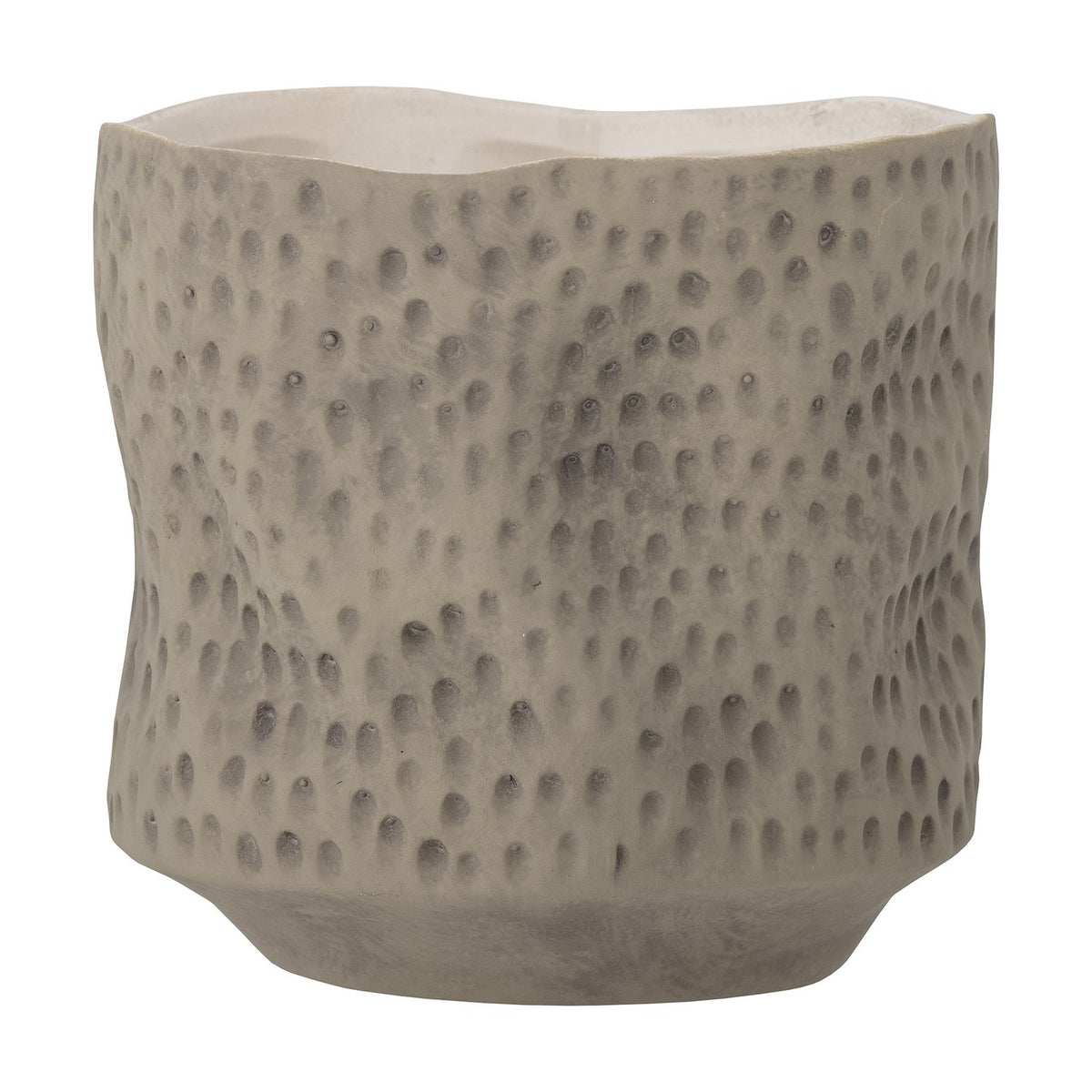 Sayah Stoneware Plant Pot in grey with an all-over dimpled texture, uneven wavy rim, and tapered foot, shown against a plain white background.