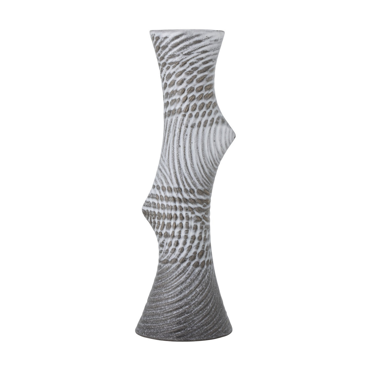 Raheem Stoneware Vase 34cm in grey, with a twisted, asymmetrical silhouette, flared foot and rim, and a textured wave-like surface pattern, shown on a plain white background.