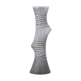 Raheem Stoneware Vase 34cm in grey, with a twisted, asymmetrical silhouette, flared foot and rim, and a textured wave-like surface pattern, shown on a plain white background.