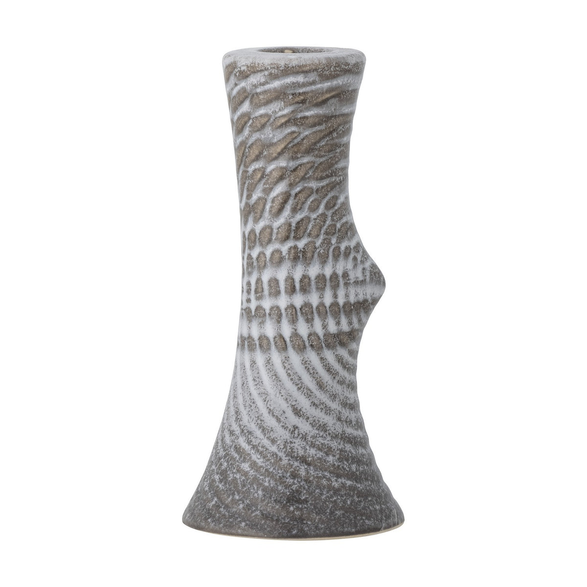Raheem Stoneware Candle Holder 17cm in grey, hourglass shape with dimpled ridged texture and a small knot detail, shown on a plain white background.