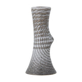 Raheem Stoneware Candle Holder 17cm in grey, hourglass shape with dimpled ridged texture and a small knot detail, shown on a plain white background.