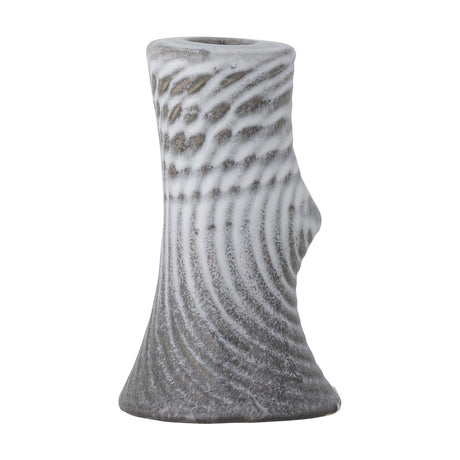Raheem Stoneware Candle Holder 13cm in grey, branch-like form with ridged wood-grain texture and a raised knot detail, shown on a plain white background.