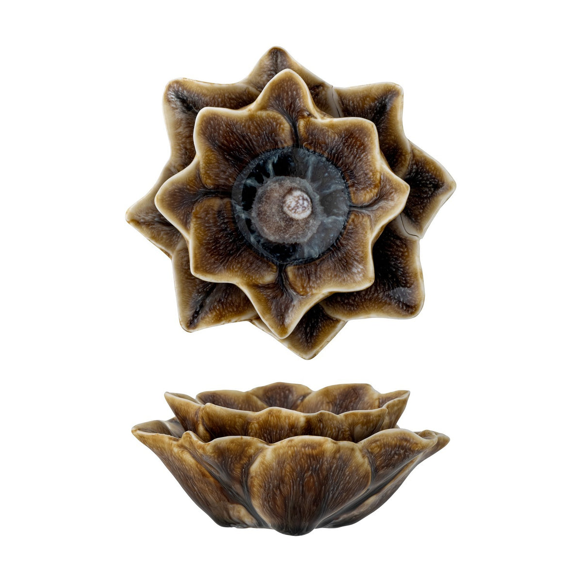 Dinah Flower Stoneware Tealight Holder in brown, shown from above and in profile, with layered pointed petals around a central well, on a plain white background.