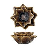 Dinah Flower Stoneware Tealight Holder in brown, shown from above and in profile, with layered pointed petals around a central well, on a plain white background.