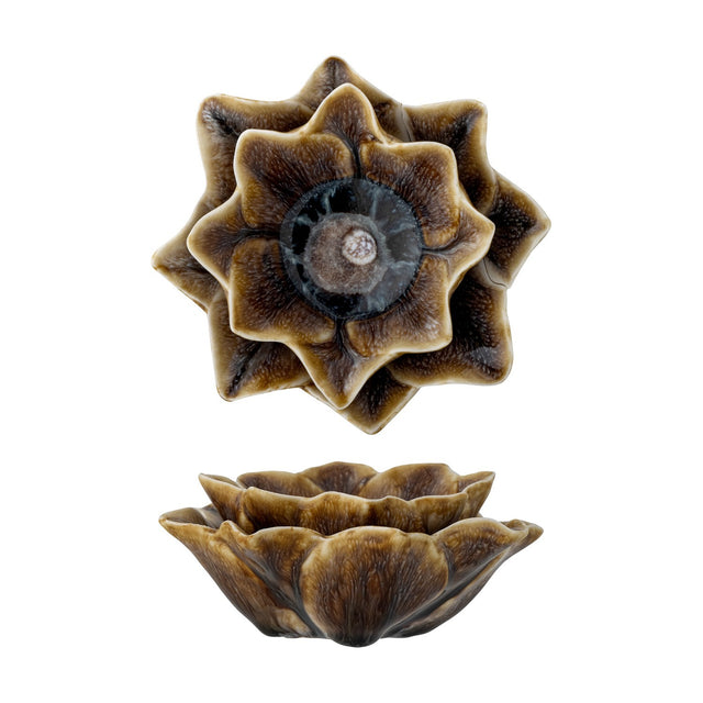 Dinah Flower Stoneware Tealight Holder in brown, shown from above and in profile, with layered pointed petals around a central well, on a plain white background.