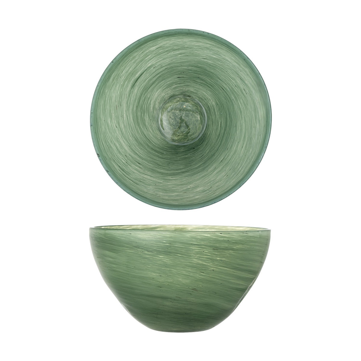 Esmaralda Glass Bowl 25cm in Green, shown from above and side-on, a deep round glass bowl with swirled streaks and a thin rim, on a plain white background.