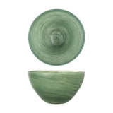 Esmaralda Glass Bowl 25cm in Green, shown from above and side-on, a deep round glass bowl with swirled streaks and a thin rim, on a plain white background.