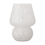 Halim Mushroom Glass Vase 18.5cm in White, with a flared upper bowl and round swelling base, white marbled flecks on clear glass, shown against a plain white background.