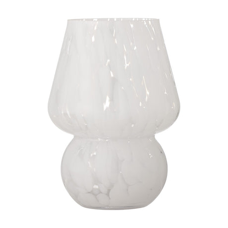 Halim Mushroom Glass Vase 18.5cm in White, with a flared upper bowl and round swelling base, white marbled flecks on clear glass, shown against a plain white background.