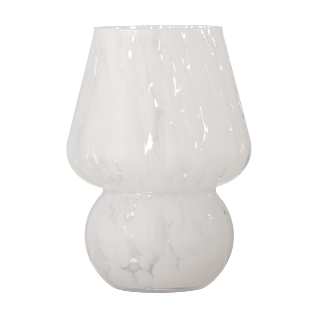 Halim Mushroom Glass Vase 18.5cm in White, with a flared upper bowl and round swelling base, white marbled flecks on clear glass, shown against a plain white background.