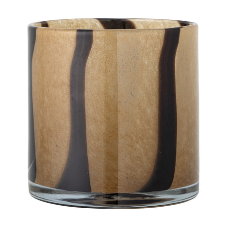 Liberty Glass Tealight Holder in brown, a cylindrical glass votive with irregular dark brown vertical stripes and a clear glass base band, shown on a plain white background.