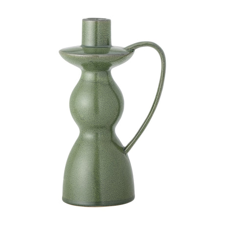 Fija stoneware candle holder in green, 22.5cm, with a wide saucer rim, bulbous waisted body, flared base, and tall loop handle, shown on a plain white background.