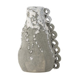 Souri Stoneware Candle Holder in grey, gourd-shaped with a narrow neck, rounded body, side loop detail, and bubbled drip glaze over rough clay, shown on a white background.