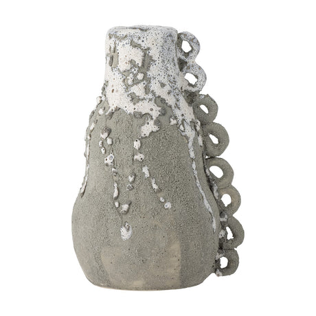 Souri Stoneware Candle Holder in grey, gourd-shaped with a narrow neck, rounded body, side loop detail, and bubbled drip glaze over rough clay, shown on a white background.