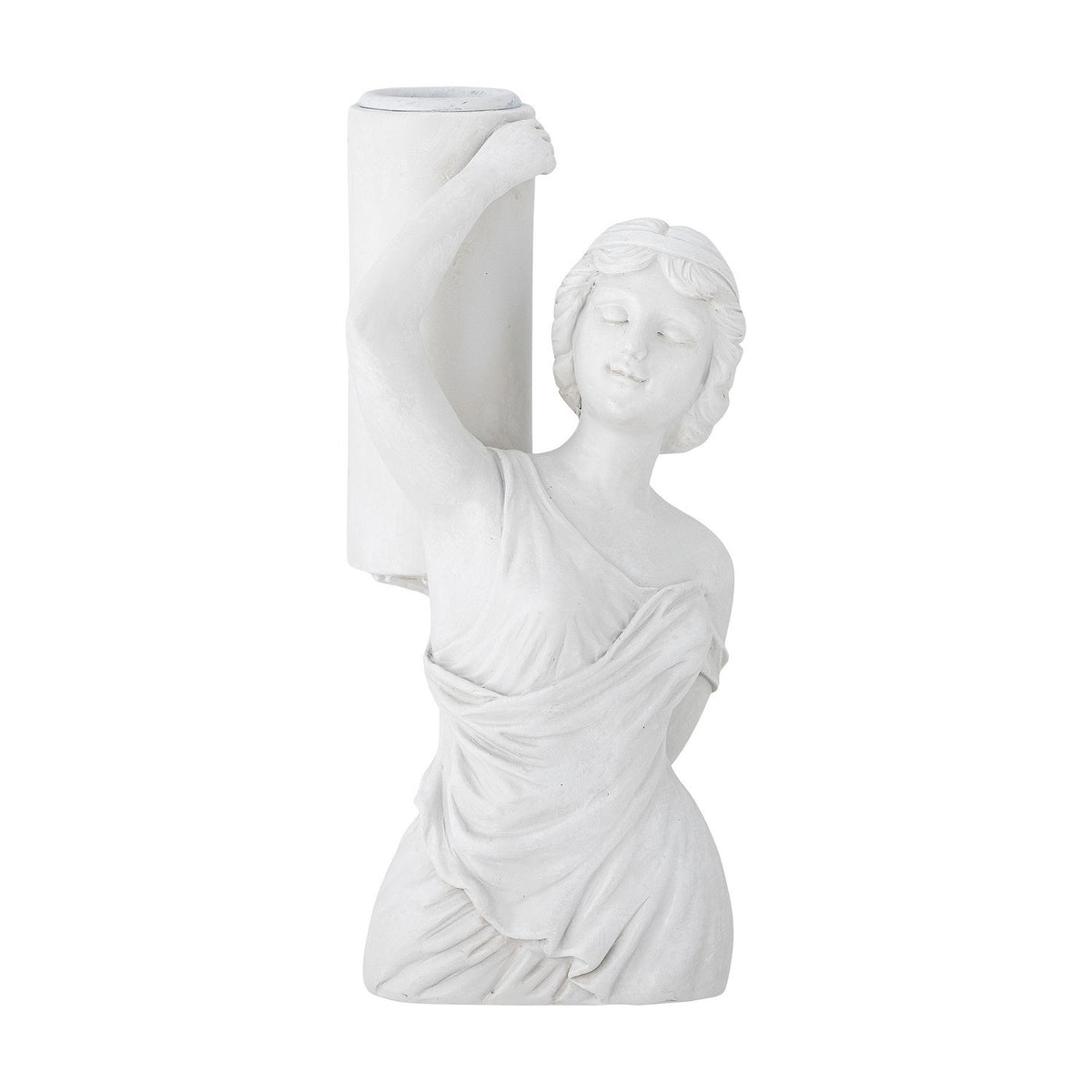 Medea Resin Candle Holder in white, a classical female bust in draped robes with one arm raised to support a tall candle column, set against a plain background.