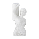 Medea Resin Candle Holder in white, a classical female bust in draped robes with one arm raised to support a tall candle column, set against a plain background.