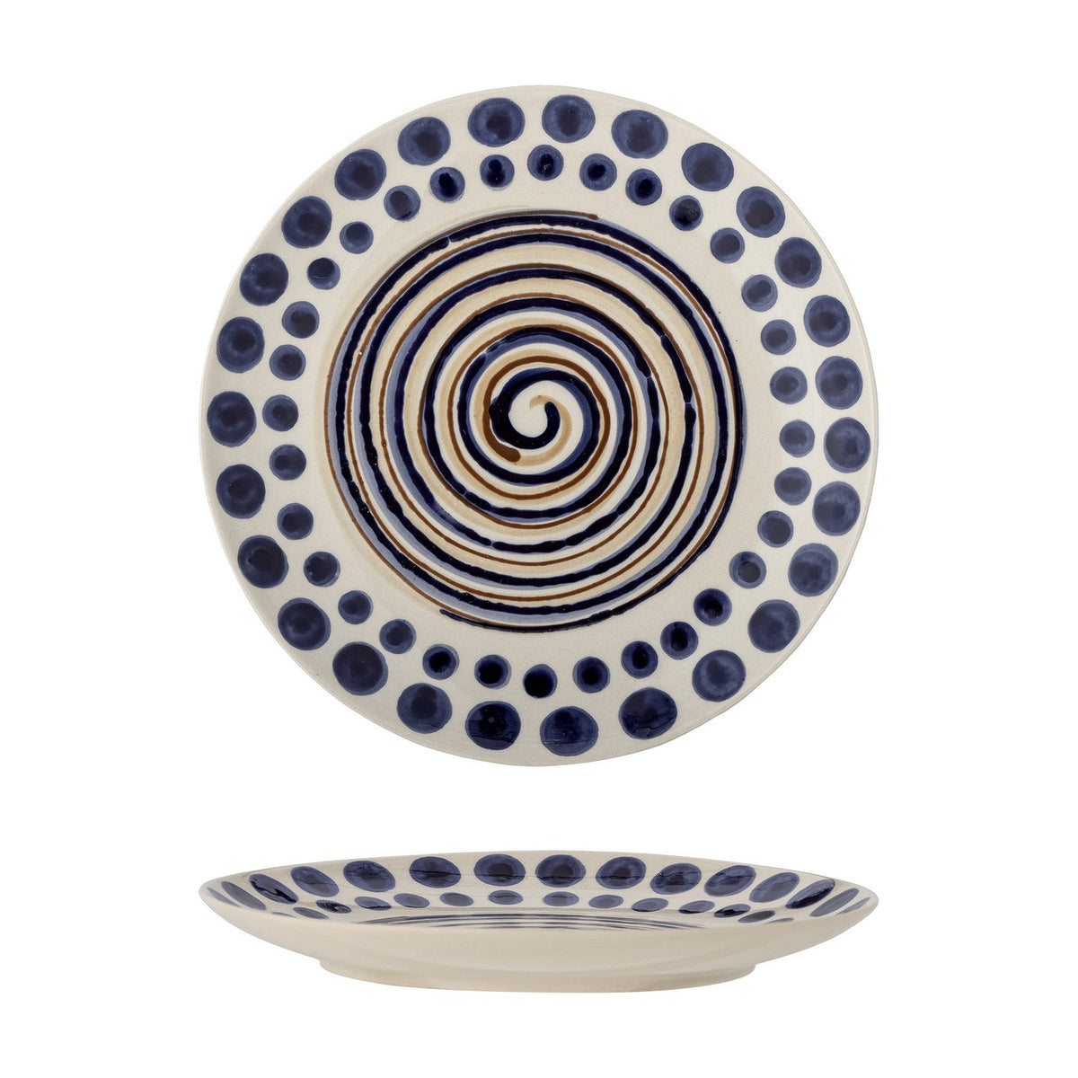 Shama Dotted Stoneware Side Plate in multi, hand-painted with a central spiral and blue dotted rim border, shown front and side view on a white background.