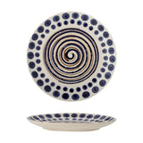 Shama Dotted Stoneware Side Plate in multi, hand-painted with a central spiral and blue dotted rim border, shown front and side view on a white background.