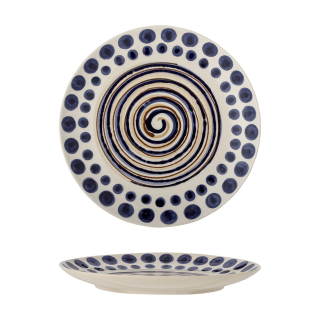 Shama Dotted Stoneware Side Plate in multi, hand-painted with a central spiral and blue dotted rim border, shown front and side view on a white background.