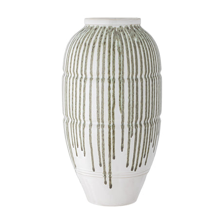 Tall white stoneware vase, 47cm, with narrow neck, full shoulder, tapered foot, grooved rings, and dripping green-grey glaze streaks, on a plain white background.