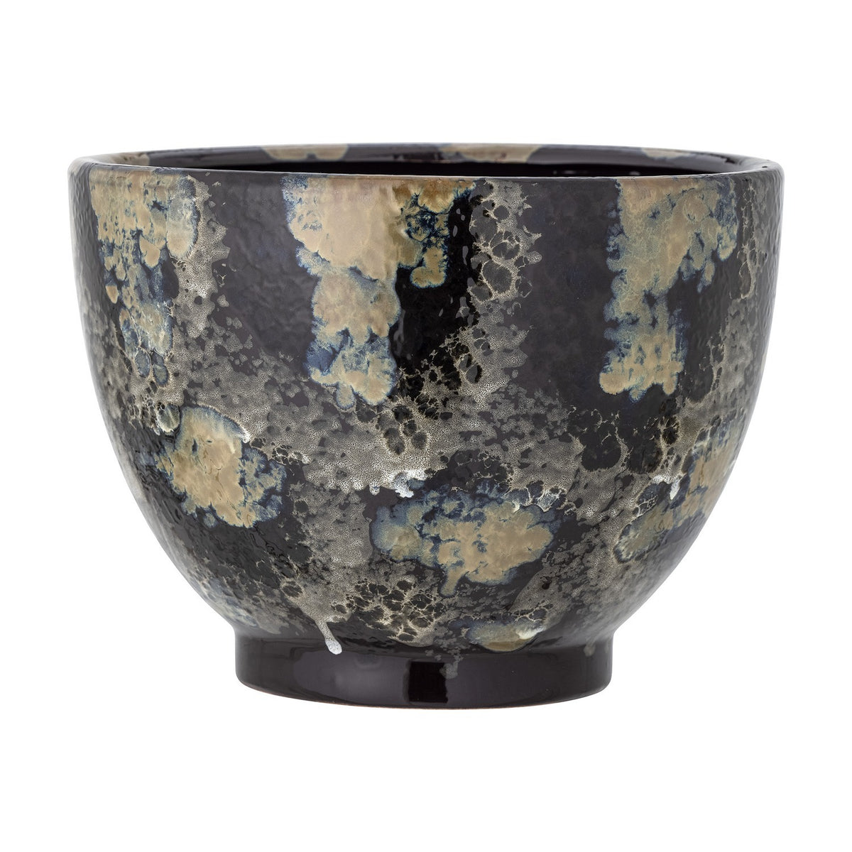 Sayed stoneware plant pot in black, a rounded bowl on a short foot with a glossy, mottled glaze in lichen-like speckled patches, shown on a plain white background.