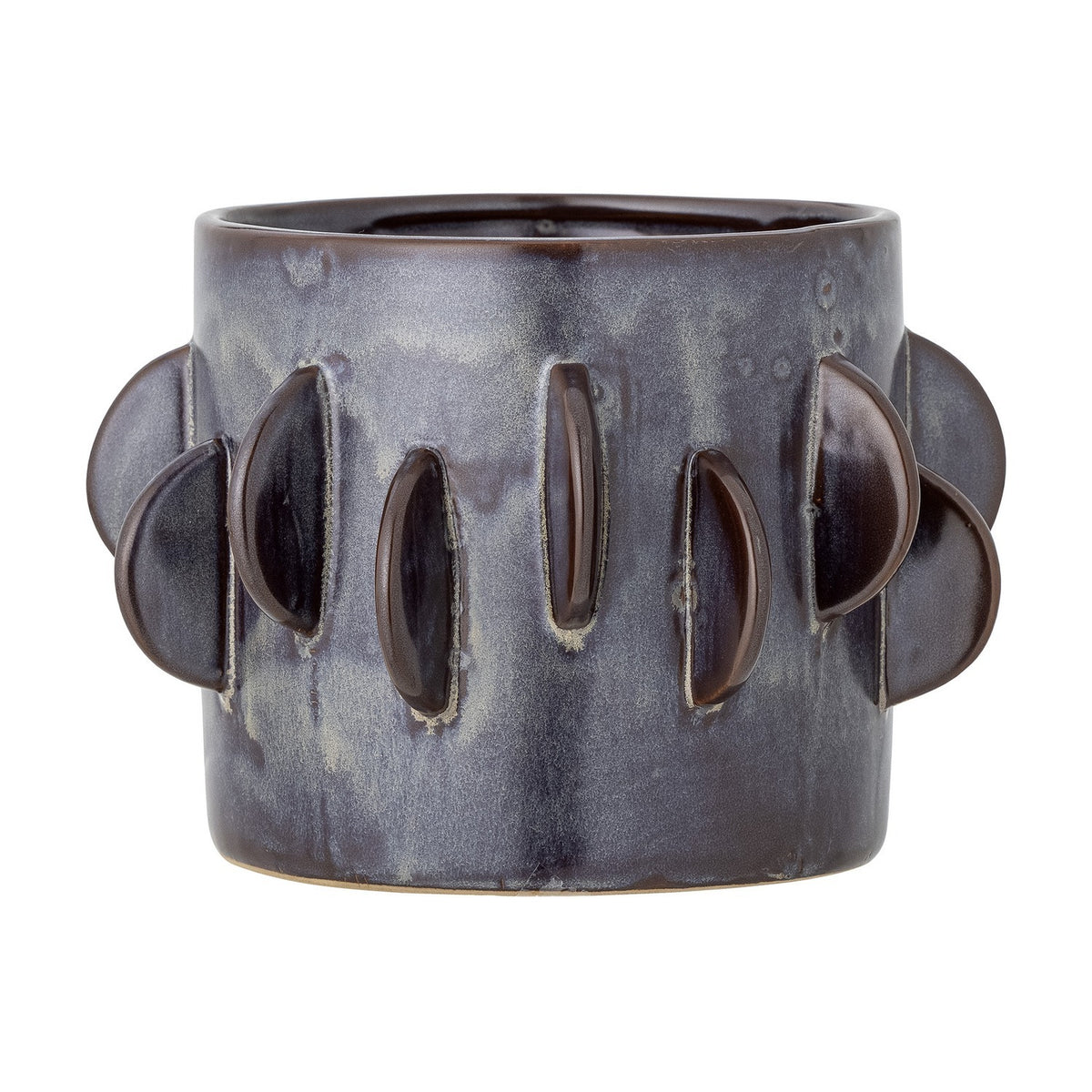 Roza Stoneware Plant Pot in grey, round ceramic planter with raised half-moon fin details around the upper body, shown against a plain white background.