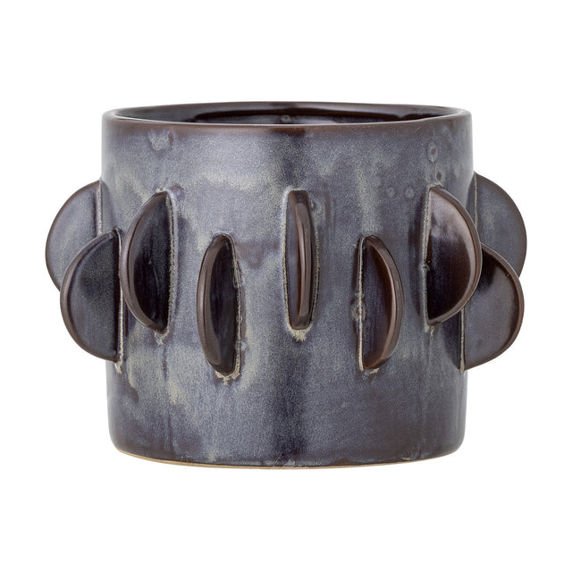 Roza Stoneware Plant Pot in grey, round ceramic planter with raised half-moon fin details around the upper body, shown against a plain white background.