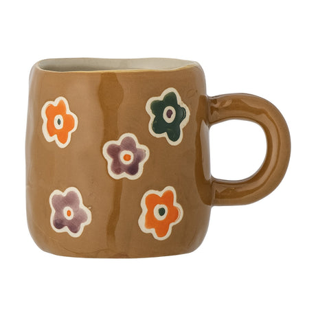 Addy Stoneware Cup 130ml in brown, a small ceramic mug with a round loop handle and hand-painted orange, purple, and green flower motifs, shown on a white background.