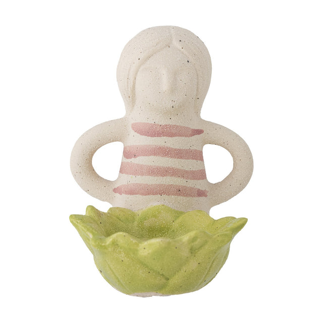 Clarabel stoneware tealight holder shaped as a figure with pink-striped top and arm loops, holding a scalloped green cup, on a plain white background.