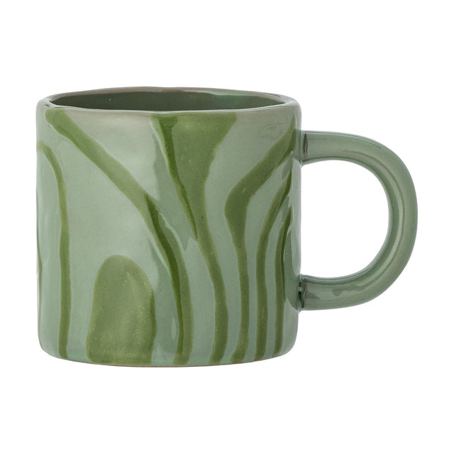 Ninka Stoneware Cup 200ml in green with bold, flowing darker green stripes and a rounded loop handle, shown on a plain white background.