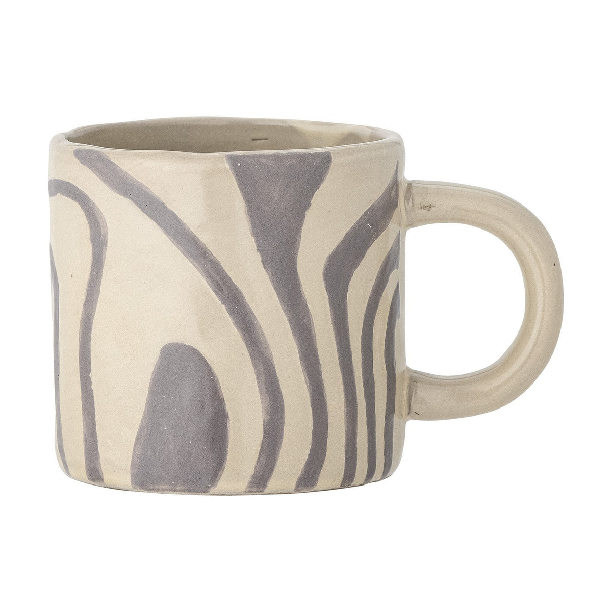 Ninka stoneware cup in off-white with hand-painted grey wavy bands flowing from rim to base, rounded loop handle, shown on a plain white background.