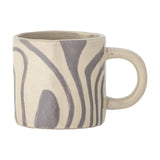 Ninka stoneware cup in off-white with hand-painted grey wavy bands flowing from rim to base, rounded loop handle, shown on a plain white background.