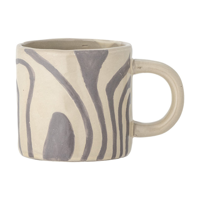 Ninka stoneware cup in off-white with hand-painted grey wavy bands flowing from rim to base, rounded loop handle, shown on a plain white background.