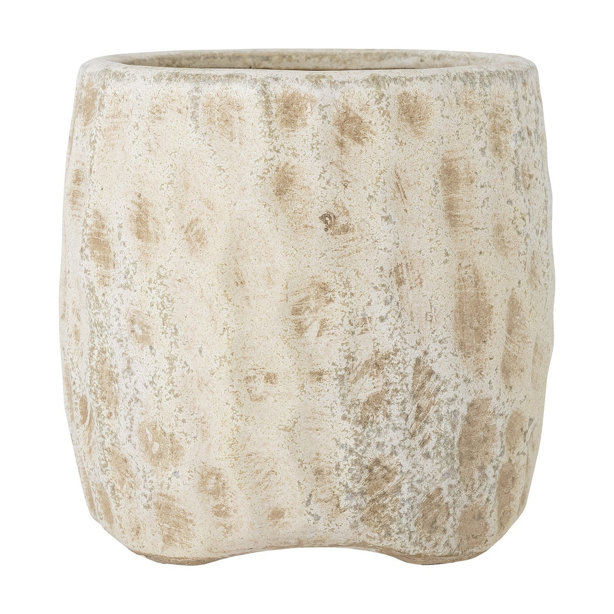 Mawni Terracotta Plant Pot in Natural, a round planter with a dimpled, mottled weathered finish and small feet, shown on a plain white background.