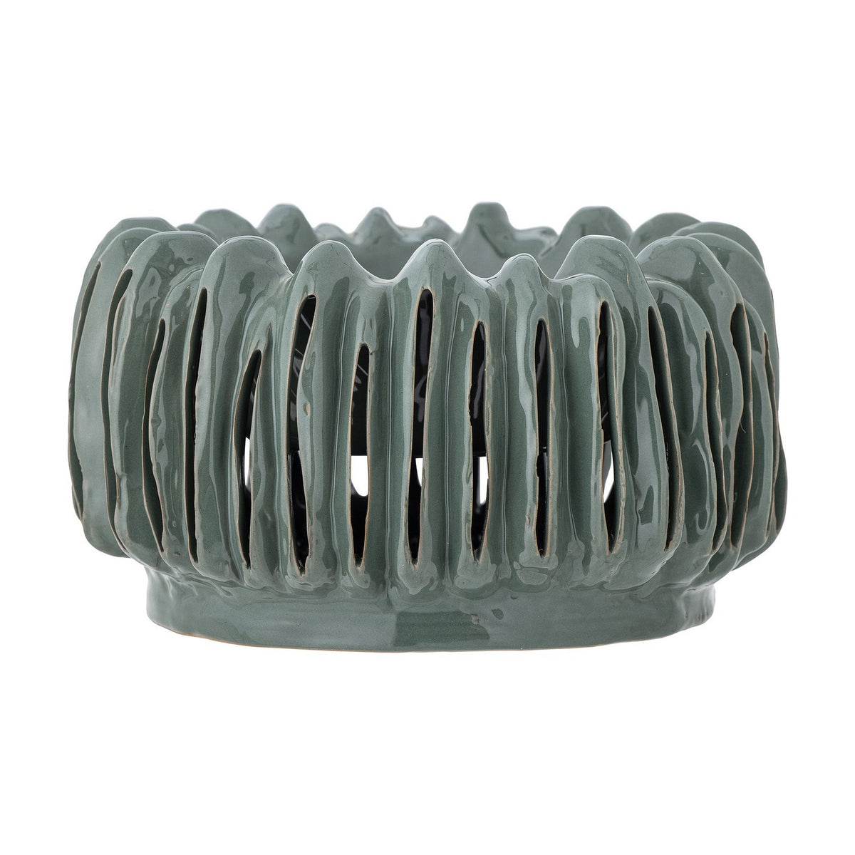 Mavel Stoneware Plant Pot in green, a low wide ceramic planter with vertical slits between ribs and a wavy scalloped rim, shown on a plain white background.