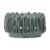 Mavel Stoneware Plant Pot in green, a low wide ceramic planter with vertical slits between ribs and a wavy scalloped rim, shown on a plain white background.