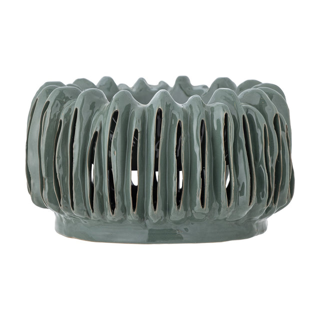 Mavel Stoneware Plant Pot in green, a low wide ceramic planter with vertical slits between ribs and a wavy scalloped rim, shown on a plain white background.